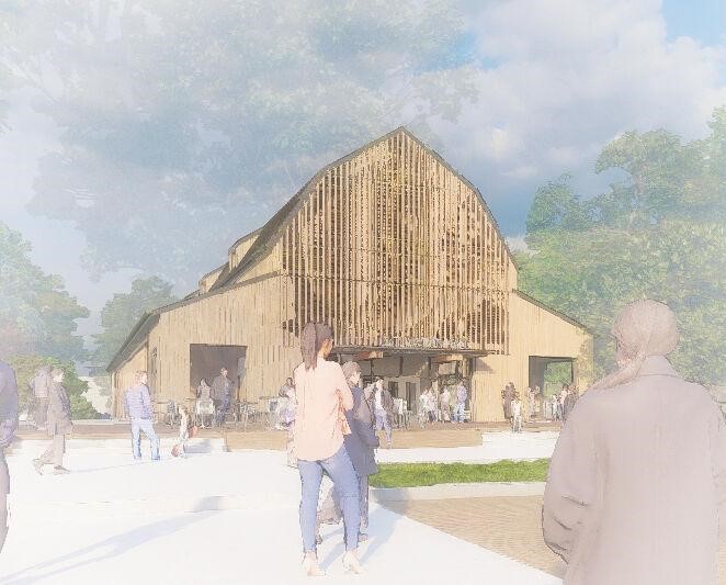 Rendering of the future Beck Barn with scattered groups of people walking towards the entrance - Discovery Park District - Purdue Research Foundation