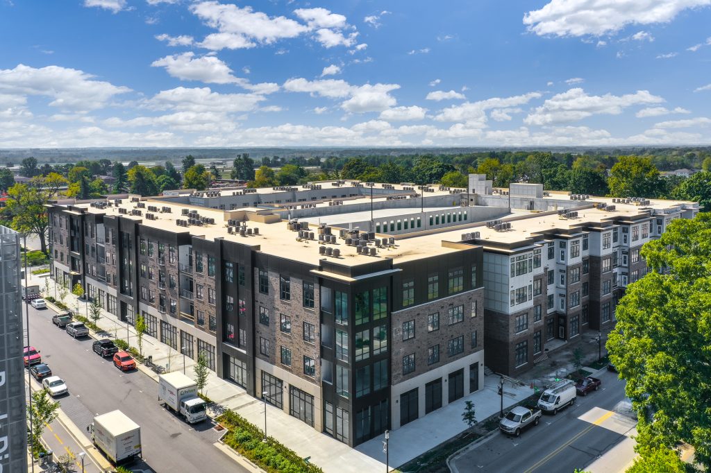 An aerial shot of the Continuum apartment building - Discovery Park District - Purdue Research Foundation