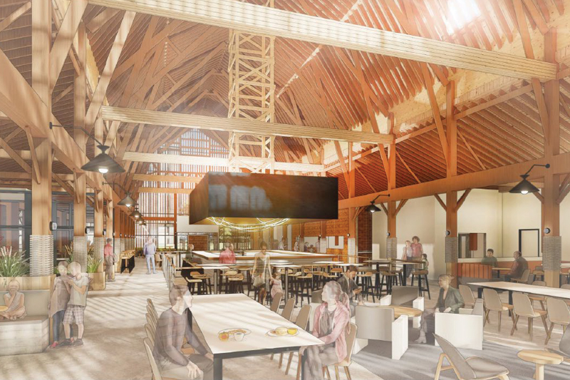 A rendering of the inside of the future Beck Barn in Squirrel Park with many tables for eating - Discovery Park District - Purdue Research Foundation