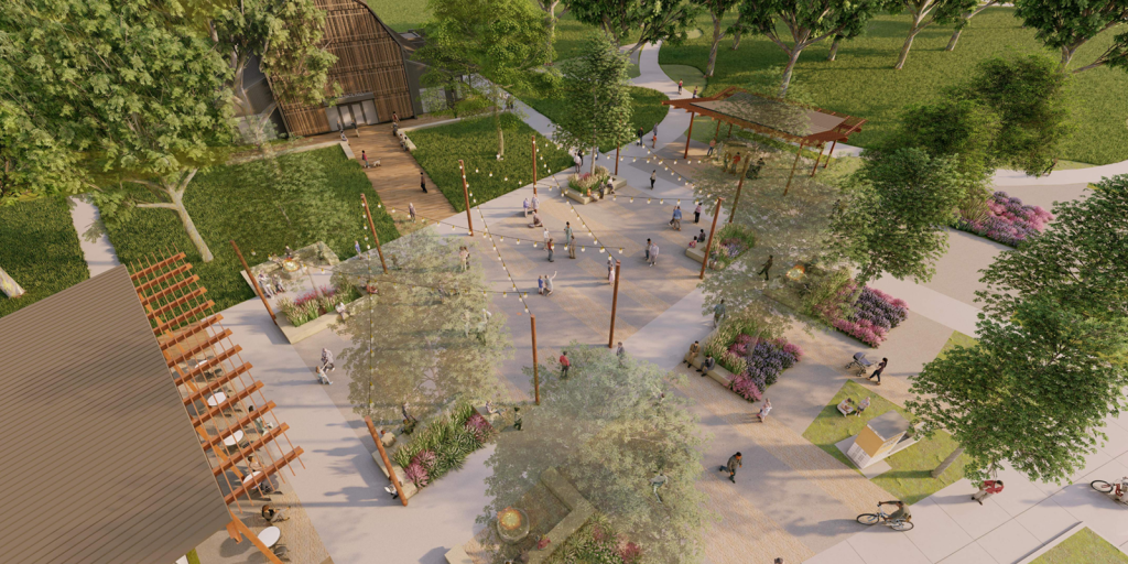 A rendering of the future community hub in Squirrel Park with trees, gardens, sitting space, and pathways - Discovery Park District - Purdue Research Foundation