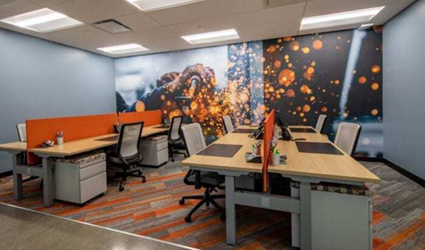 Empty desks inside Carr Workspace offices