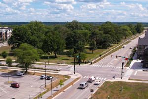 Aerial of Discovery Park District at a large intersection.